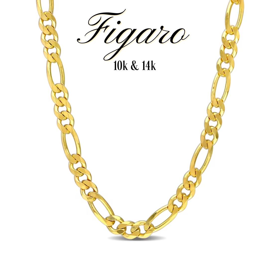 10K & 14K Semi-Solid Gold Figaro Link Chain | 2mm-12mm Width | 18in-26in Length