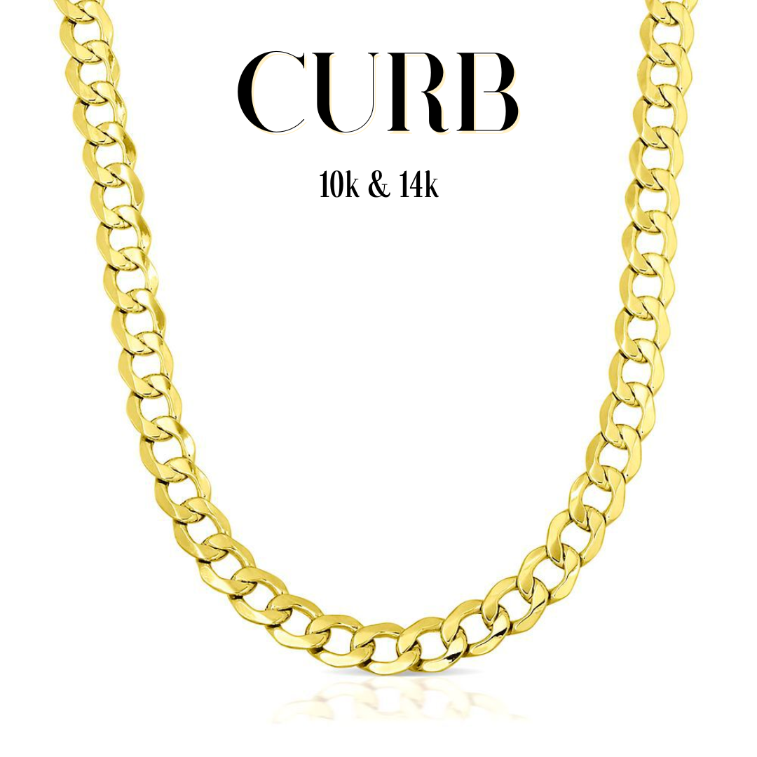 10K & 14K Gold Semi-Solid Curb Link Chain Necklace | Real Gold Men’s Chains 3.5–11mm | 18–26 Inch
