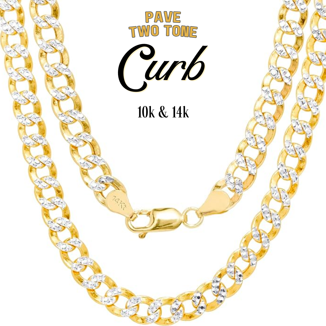 10K & 14K Gold Semi-Solid Curb Two-Tone Pave Diamond-Cut Link Chain Necklace | Real Gold Men’s Chains 3.5–11mm | 18–26 Inch