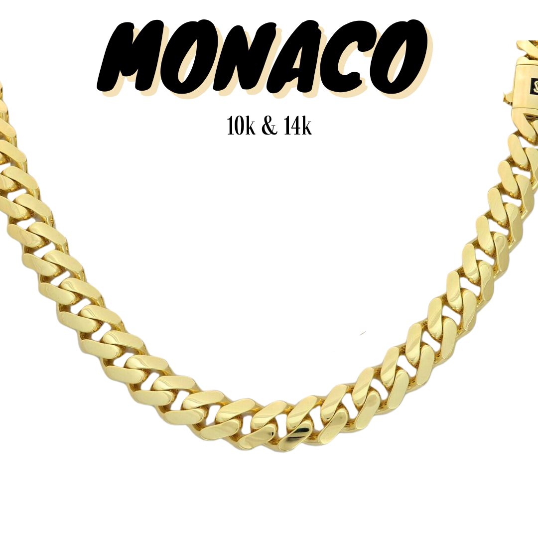 10K & 14K Gold Semi-Solid Monaco Chain Necklace | Real Gold Men’s Chains 7–19mm | 18–26 Inch