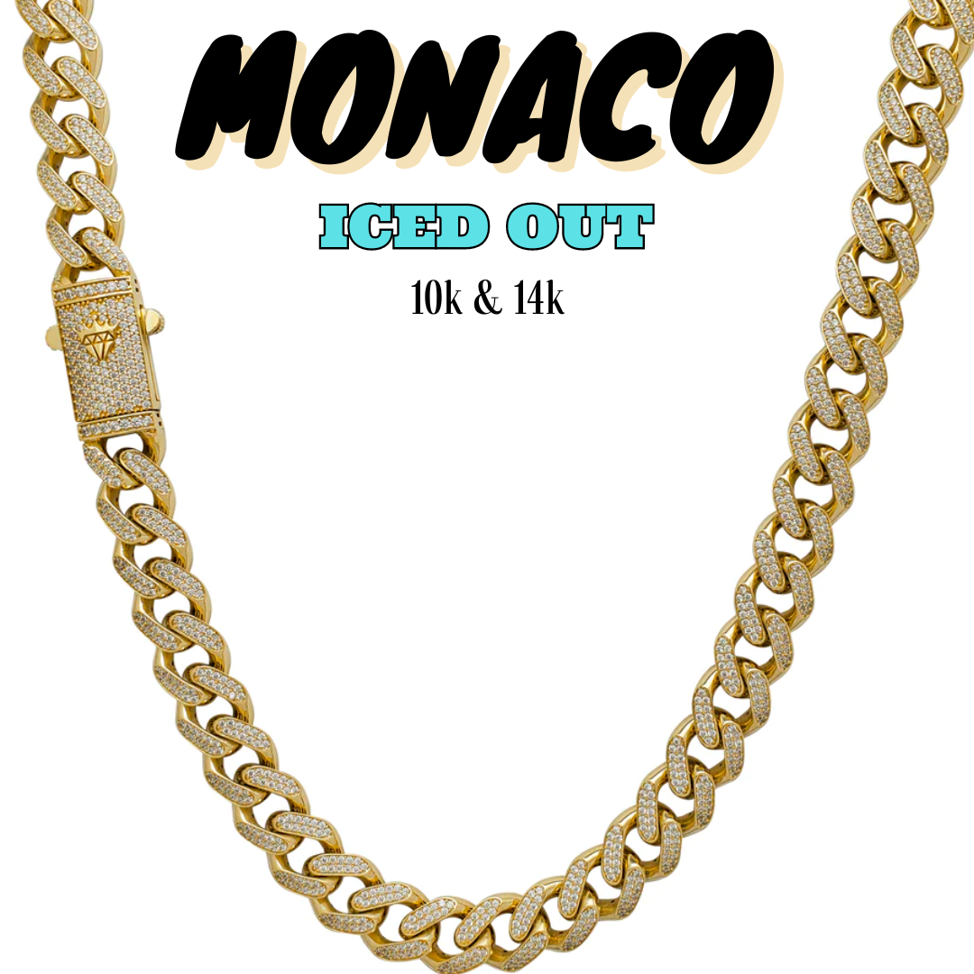 10K & 14K Gold Semi-Solid Monaco Iced Out CZ Chain | 7mm-25mm Width | 18in-26in Length