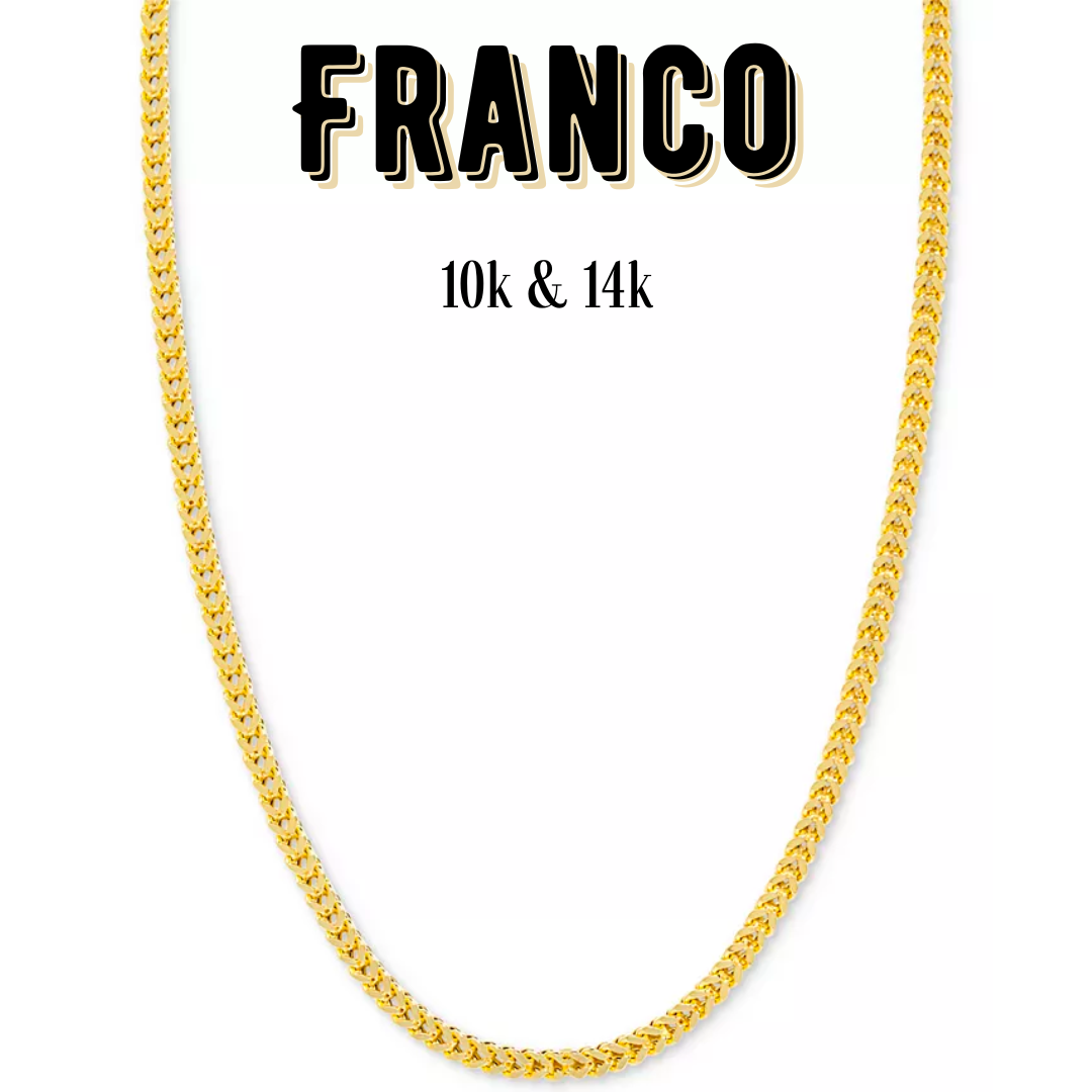 10K & 14K Gold Semi-Solid Franco Chain | 1mm-7mm Width | 18in-26in Length