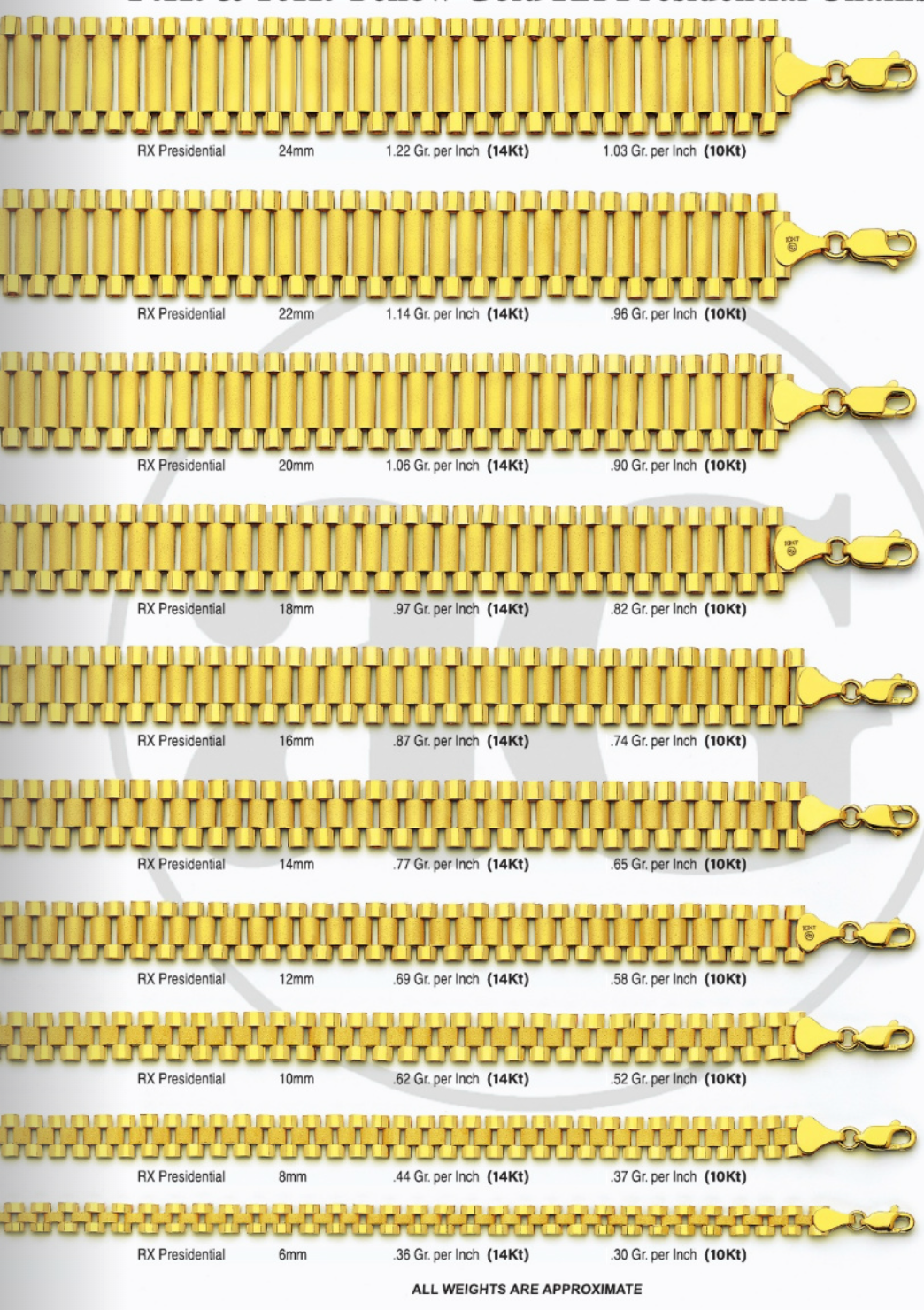 10K & 14K Gold RLX Presidential Bracelet | Real Gold Men’s Bracelets 6–24mm | 7–10 Inch