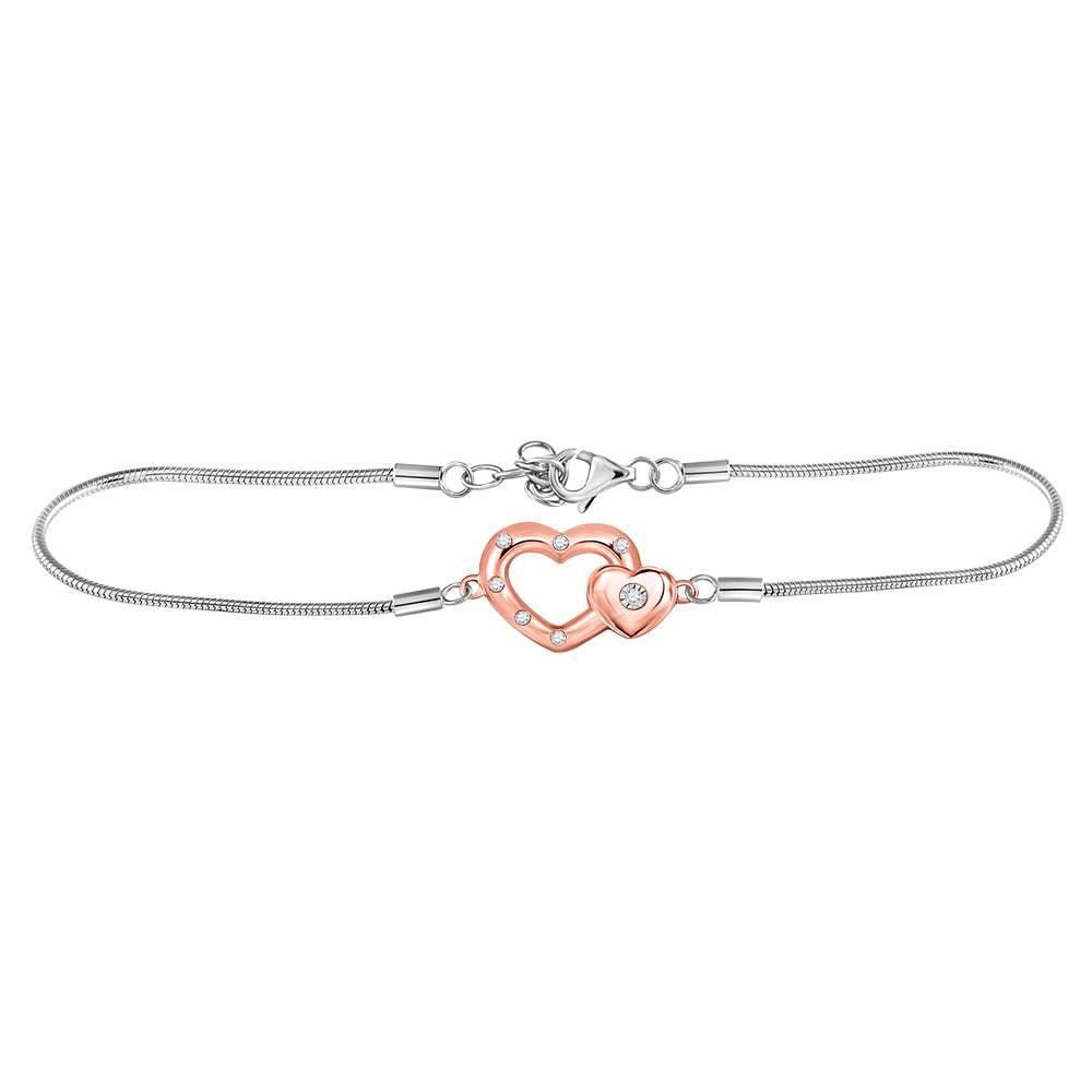 Sterling Silver Womens Round Diamond Double Heart Fashion Bracelet 1/20 Cttw - Gold Heart Group Jewelers