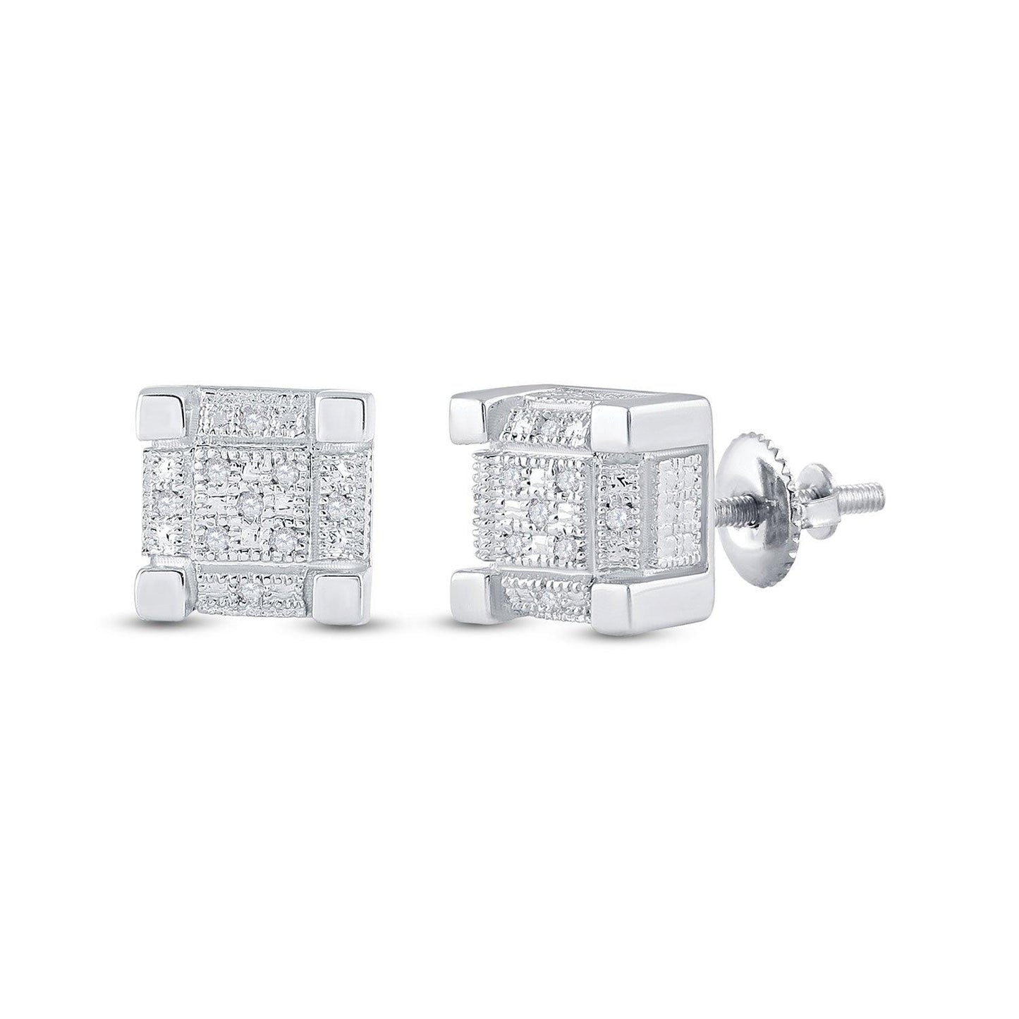 Sterling Silver Mens Round Diamond 3D Cube Square Earrings 1/20 Cttw - Gold Heart Group Jewelers