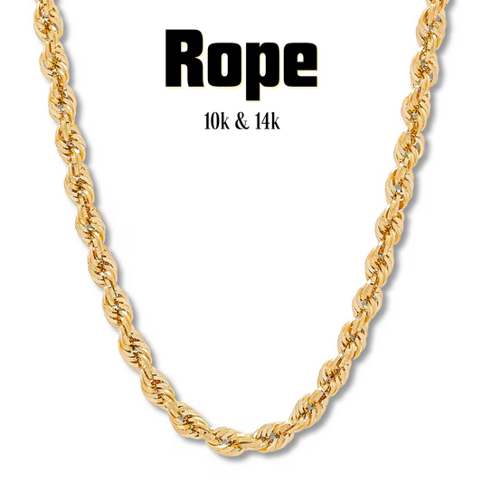 10K & 14K Semi-Solid Gold Rope Chain | 2.5mm-10mm Width | 18in-26in Length