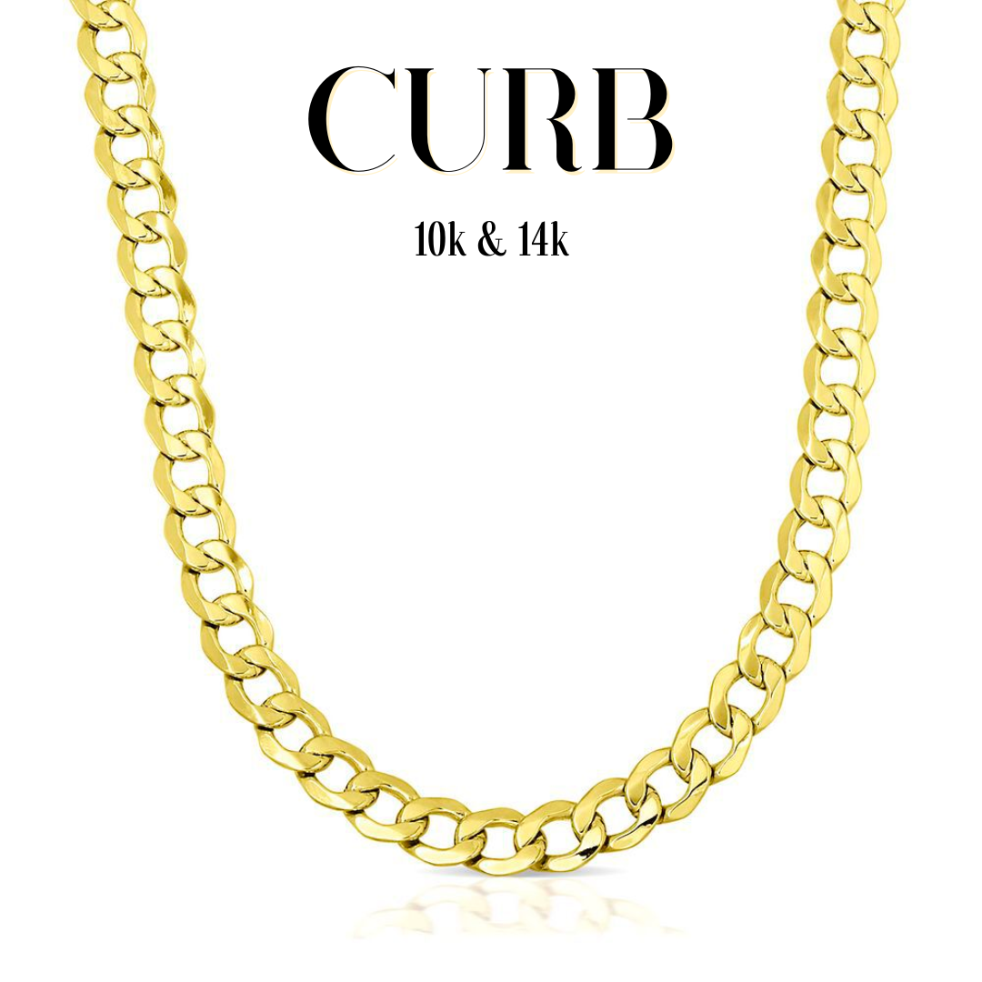 10K & 14K Semi-Solid Gold Curb Link Chain | 3.5mm-11mm Width | 18in-26in Length