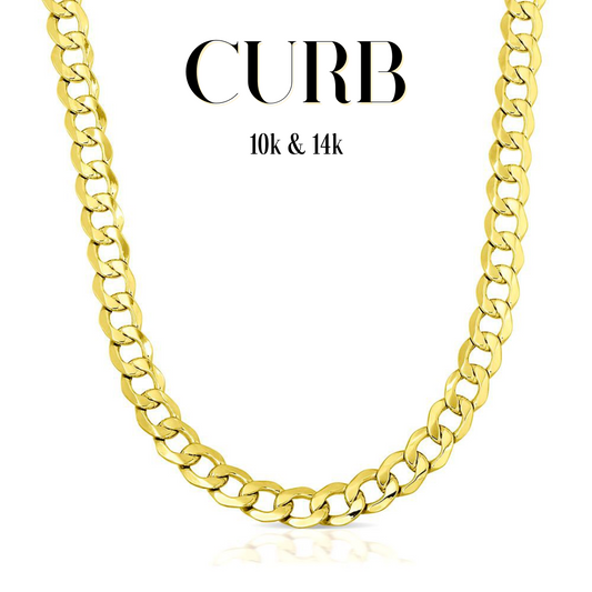 10K & 14K Semi-Solid Gold Curb Link Chain | 3.5mm-11mm Width | 18in-26in Length