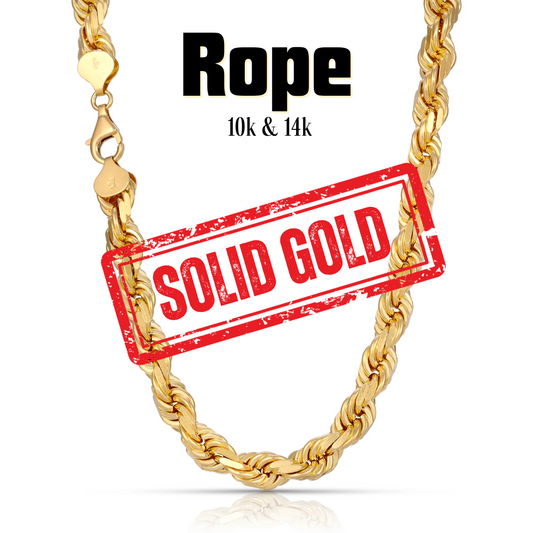 10K & 14K Solid Gold Rope Chain | 1mm-5mm Width | 18in-26in Length