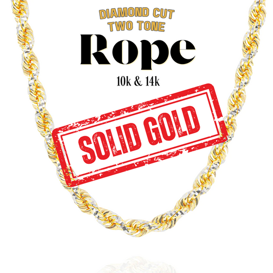 10K & 14K Solid Two-tone Diamond-cut Gold Rope Chain | 2mm-6mm Width | 18in-26in Length