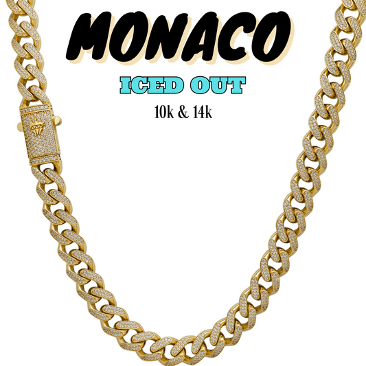 10K & 14K Gold Semi-Solid Monaco Iced Out CZ Chain | 7mm-25mm Width | 18in-26in Length