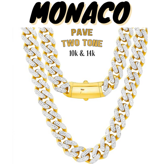 10K & 14K Gold Semi-Solid Monaco Pave Two-Tone Chain | 7mm-25mm Width | 18in-26in Length