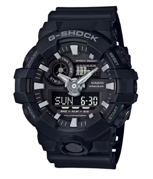 G-Shock GA700-1B Analog-Digital Watch - Classic Black Resin, Rugged Performance