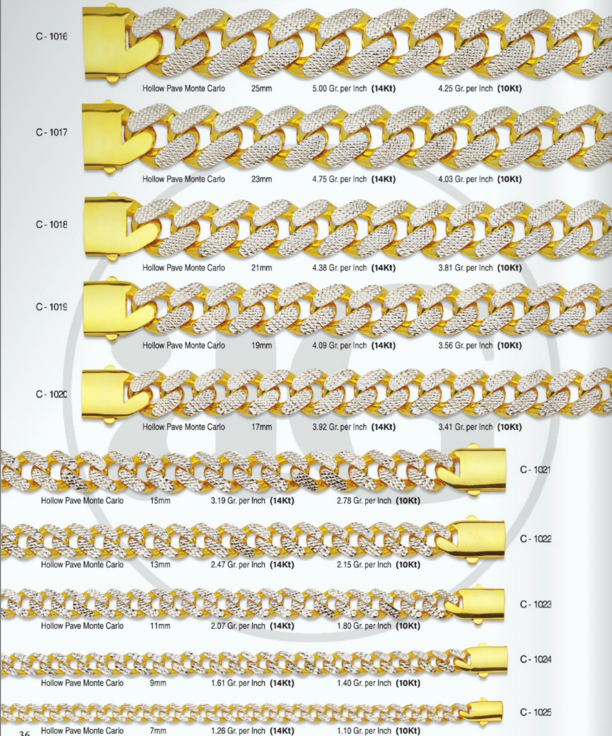 10K & 14K Gold Semi-Solid Monaco Pave Two-Tone Chain | 7mm-25mm Width | 18in-26in Length