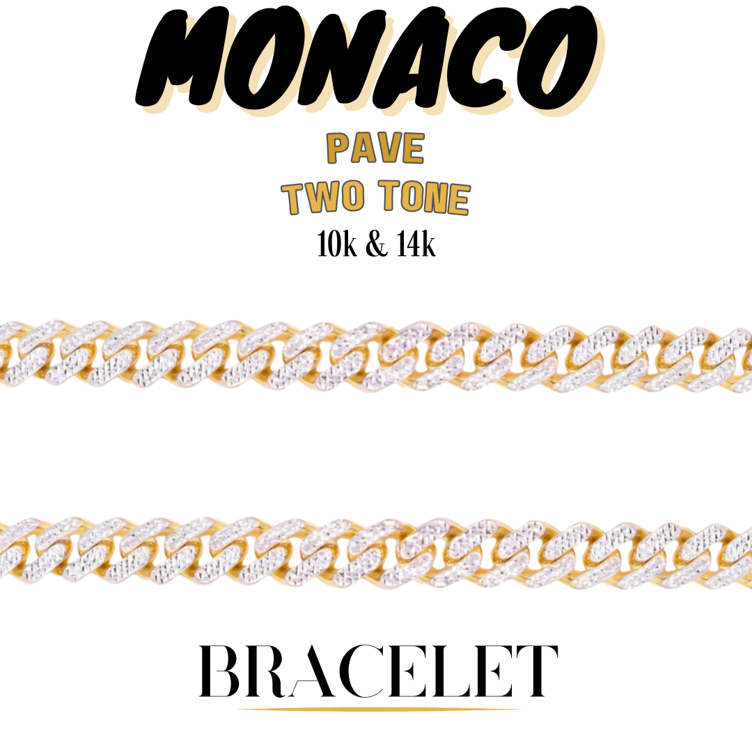 10K & 14K Gold Semi-Solid Monaco Pave Two-Tone Bracelet | 7mm-25mm Width | 7-10in Length