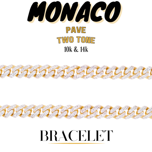 10K & 14K Gold Semi-Solid Monaco Pave Two-Tone Bracelet | 7mm-25mm Width | 7-10in Length
