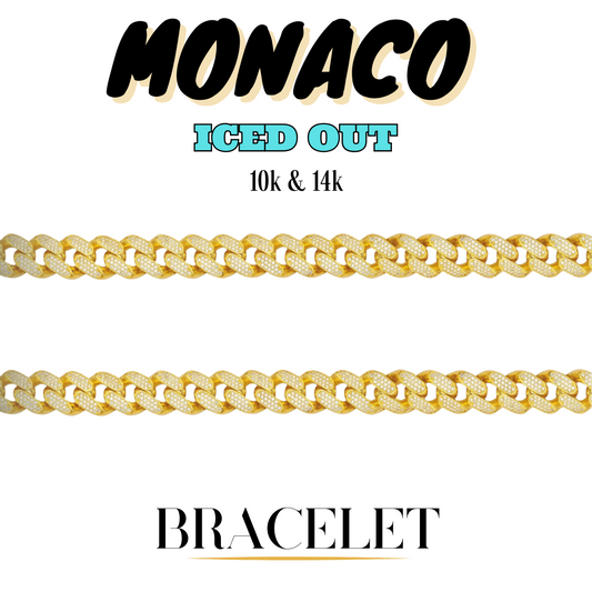 10K & 14K Gold Semi-Solid Monaco Iced Out CZ Bracelet | 7mm-25mm Width | 7-10in Length
