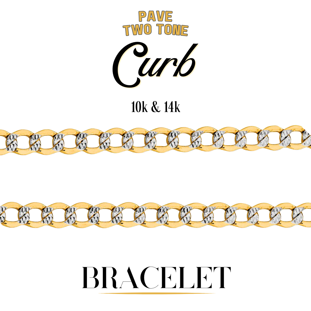 10K & 14K Semi-Solid Gold Curb Two-Tone Pave Diamond-Cut Link Bracelet | 3.5mm-11mm Width | 7in-10in Length