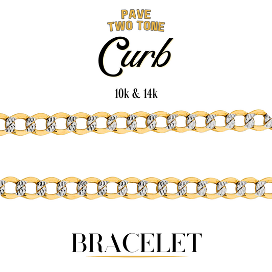 10K & 14K Semi-Solid Gold Curb Two-Tone Pave Diamond-Cut Link Bracelet | 3.5mm-11mm Width | 7in-10in Length