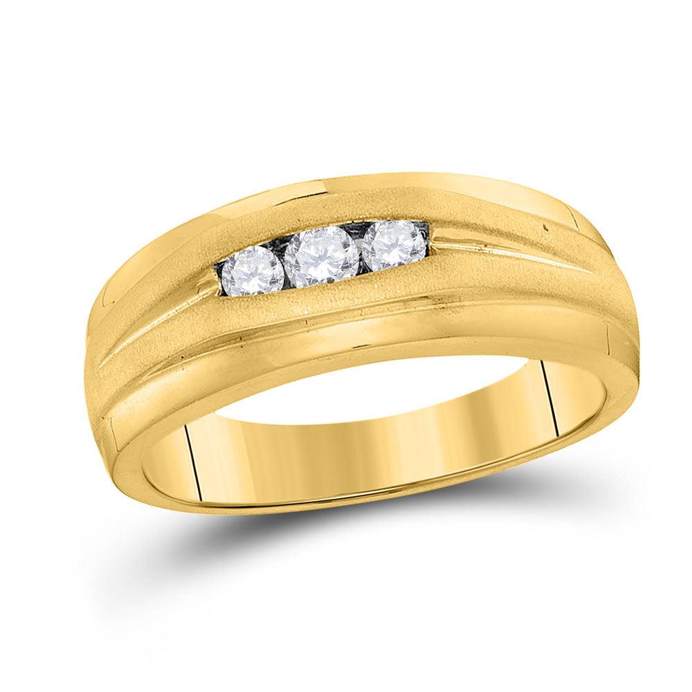 10kt Yellow Gold Mens Round Diamond Wedding 3-Stone Band Ring 1/4 Cttw - Gold Heart Group Jewelers