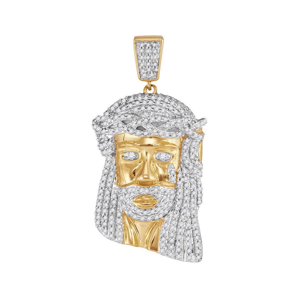 10kt Yellow Gold Mens Round Diamond Jesus Face Charm Pendant 7/8 Cttw - Gold Heart Group Jewelers