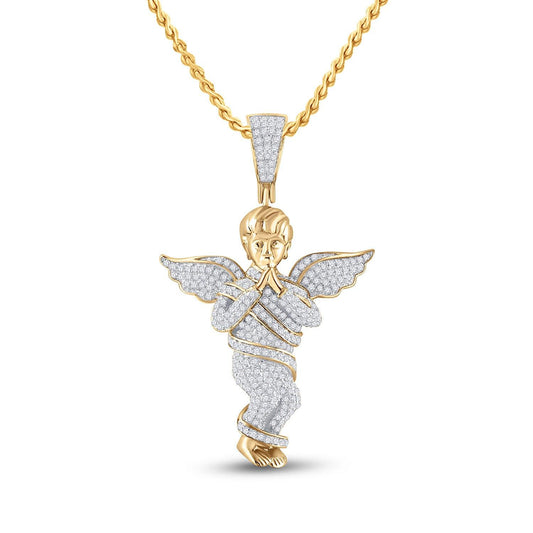 10kt Yellow Gold Mens Round Diamond Praying Angel Wings Charm Pendant 7/8 Cttw - Gold Heart Group Jewelers