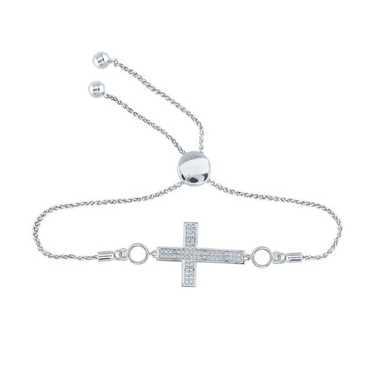 Sterling Silver Womens Round Diamond Cross Religious Bolo Bracelet 1/20 Cttw - Gold Heart Group Jewelers