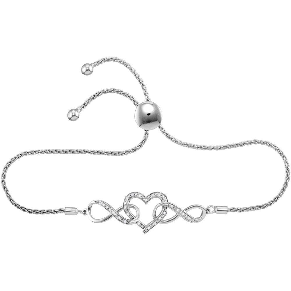 Sterling Silver Womens Round Diamond Infinity Heart Bolo Bracelet 1/6 Cttw - Gold Heart Group Jewelers