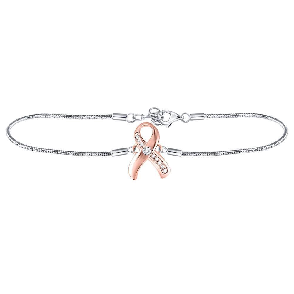 Sterling Silver Womens Round Diamond Pink Awareness Ribbon Fashion Bracelet 1/20 Cttw - Gold Heart Group Jewelers
