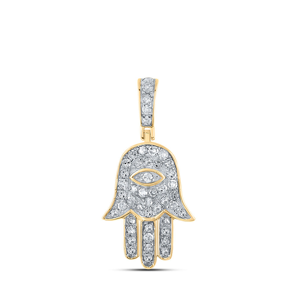 10kt Yellow Gold Mens Round Diamond Hamsa Eye Fatima Charm Pendant 1/4 Cttw