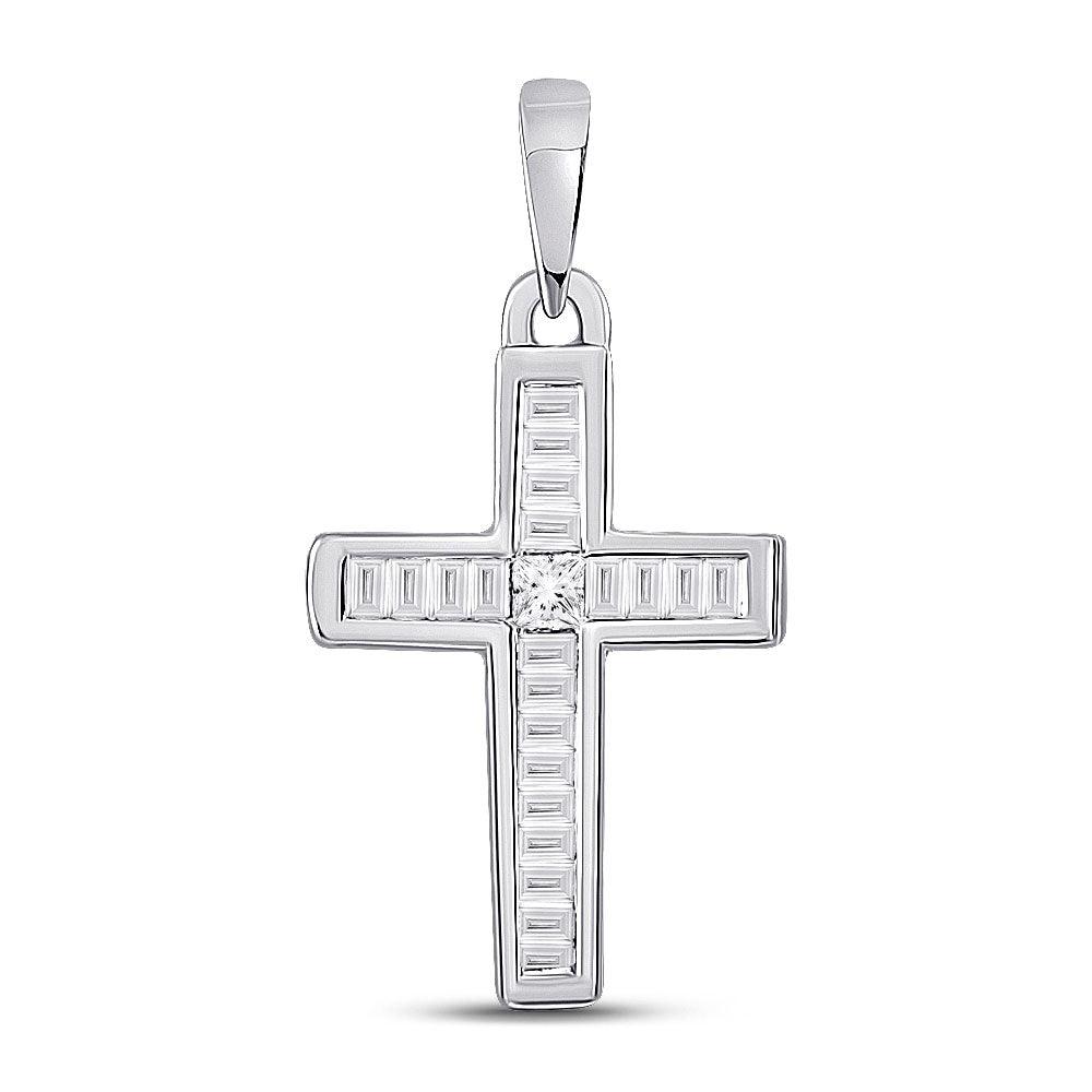 10kt White Gold Womens Princess Diamond Cross Pendant 1/8 Cttw - Gold Heart Group Jewelers