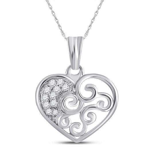 10kt White Gold Womens Round Diamond Curl Heart Pendant 1/12 Cttw - Gold Heart Group Jewelers