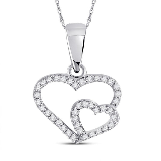 10kt White Gold Womens Round Diamond Double Heart Pendant 1/10 Cttw - Gold Heart Group Jewelers