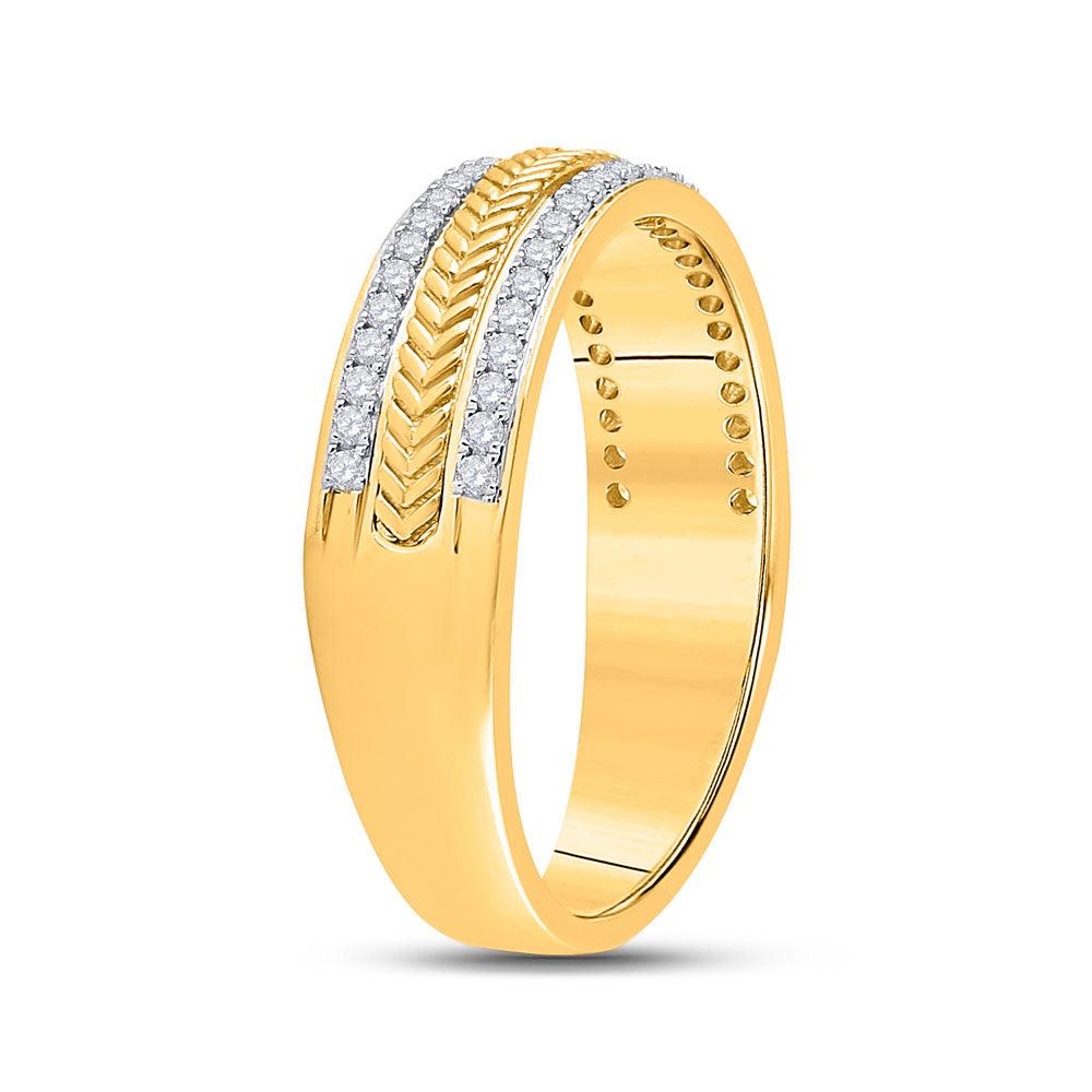 14kt Yellow Gold Mens Round Diamond Wedding Wheat Texture Band Ring 1/3 Cttw - Gold Heart Group Jewelers