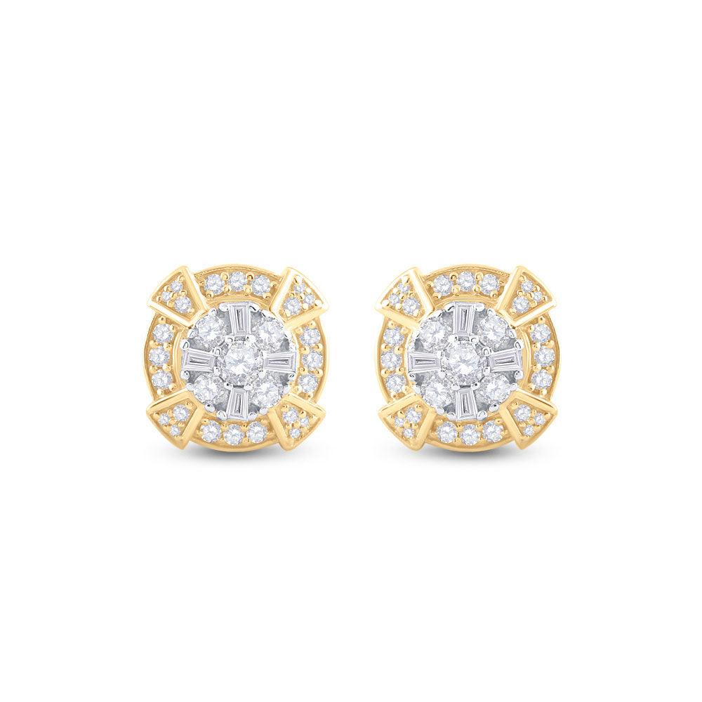 14kt Yellow Gold Mens Baguette Diamond Circle Cluster Earrings 3/4 Cttw - Gold Heart Group Jewelers