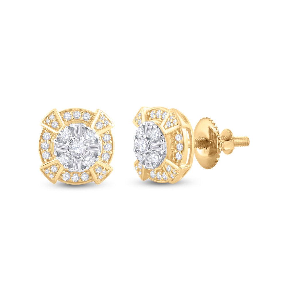 14kt Yellow Gold Mens Baguette Diamond Circle Cluster Earrings 3/4 Cttw - Gold Heart Group Jewelers