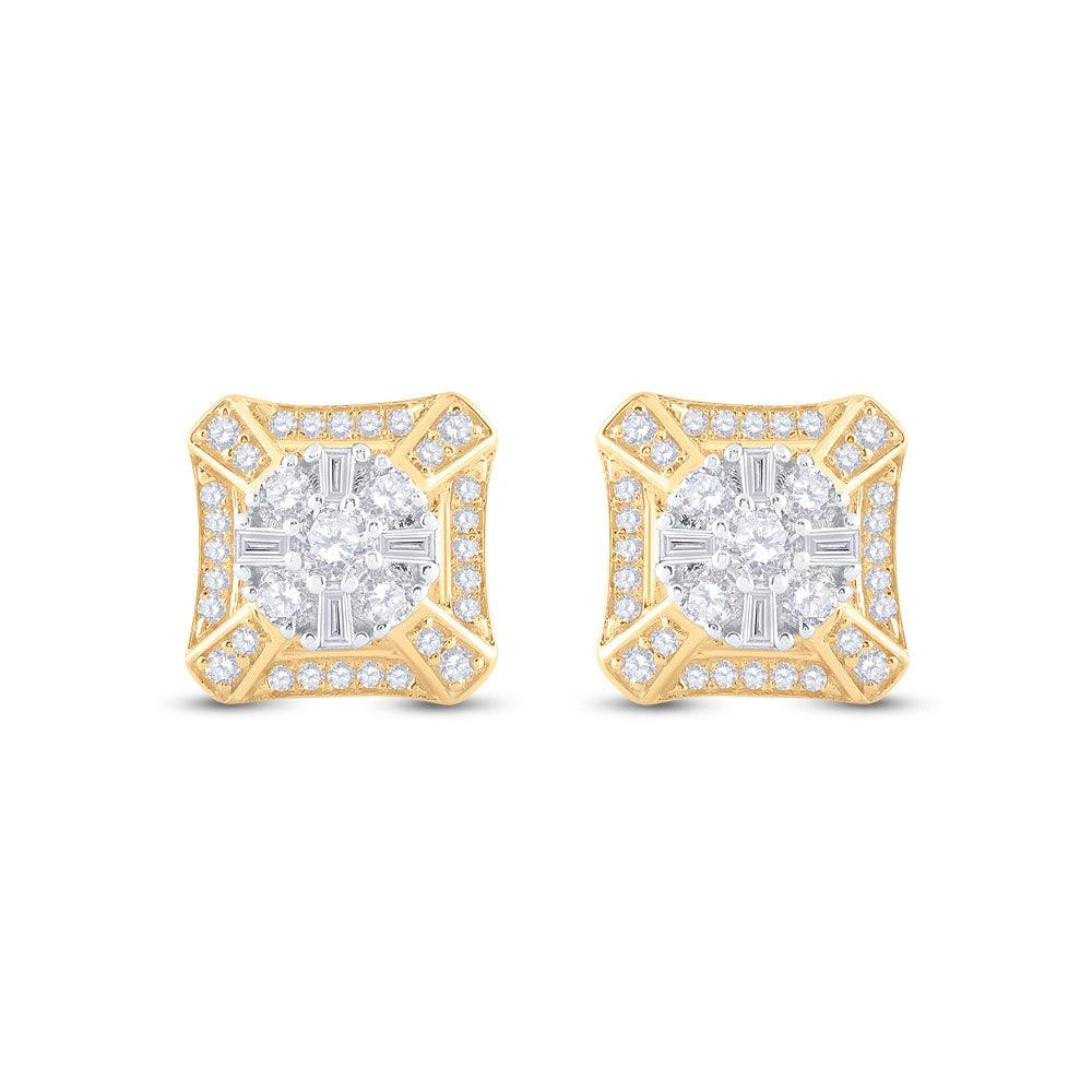 14kt Yellow Gold Mens Baguette Diamond Square Cluster Earrings 3/4 Cttw - Gold Heart Group Jewelers
