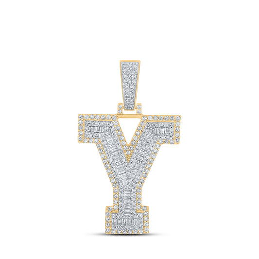 10kt Two-tone Gold Mens Baguette Diamond Y Initial Letter Charm Pendant 1-5/8 Cttw