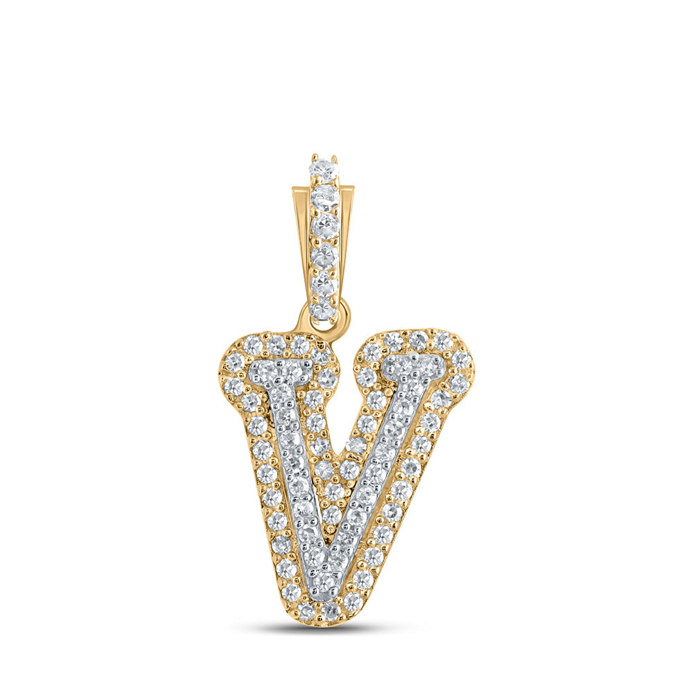 10kt Yellow Gold Mens Round Diamond V Initial Letter Charm Pendant 1/5 Cttw