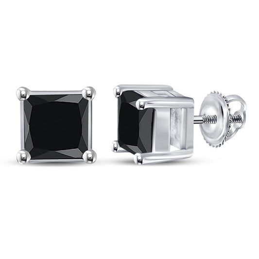 10kt White Gold Mens Princess Black Color Enhanced Diamond Stud Earrings 1-1/2 Cttw - Gold Heart Group Jewelers