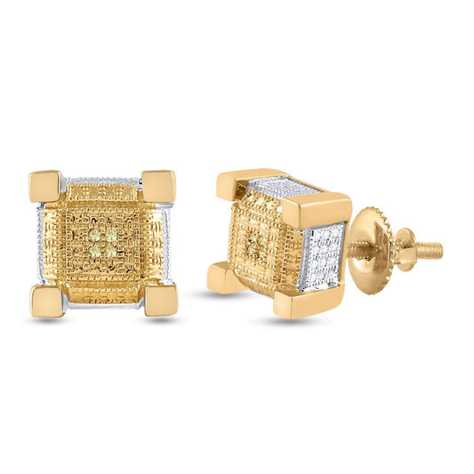 Two-tone Sterling Silver Mens Round Diamond 3D Square Earrings .03 Cttw - Gold Heart Group Jewelers