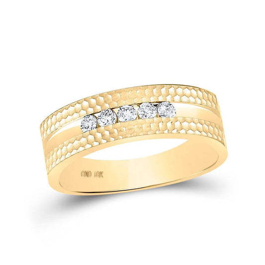 10kt Yellow Gold Mens Round Diamond Wedding 5-Stone Hammered Band Ring 1/4 Cttw - Gold Heart Group Jewelers