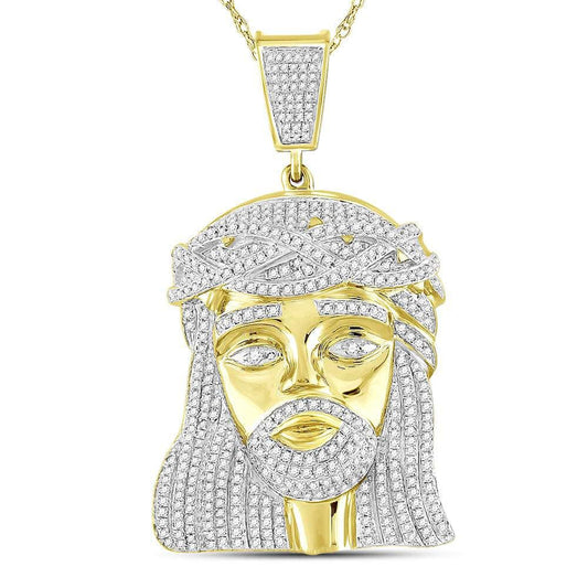 10kt Yellow Gold Mens Round Diamond Jesus Charm Pendant 1-7/8 Cttw - Gold Heart Group Jewelers