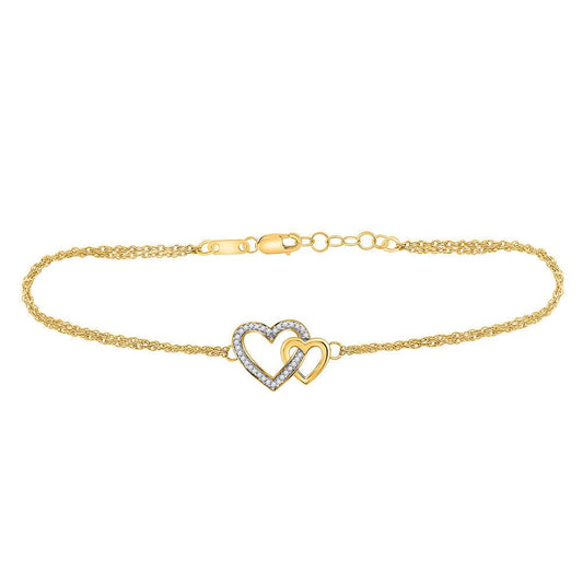 10kt Yellow Gold Womens Round Diamond Double Heart Bracelet 1/10 Cttw - Gold Heart Group Jewelers