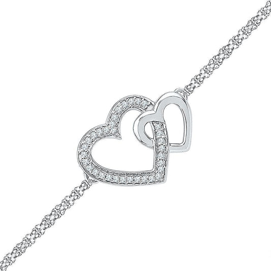 Sterling Silver Womens Round Diamond Double Heart Chain Bracelet 1/10 Cttw - Gold Heart Group Jewelers