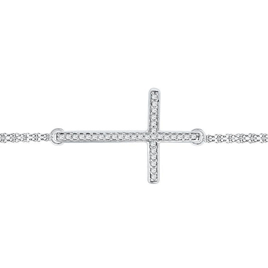 10kt White Gold Womens Round Diamond Sideways Cross Bracelet 1/10 Cttw - Gold Heart Group Jewelers