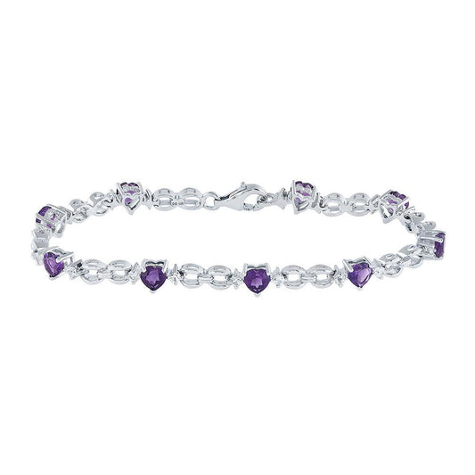 Sterling Silver Womens Heart Lab-Created Amethyst Heart Bracelet 5-1/2 Cttw - Gold Heart Group Jewelers
