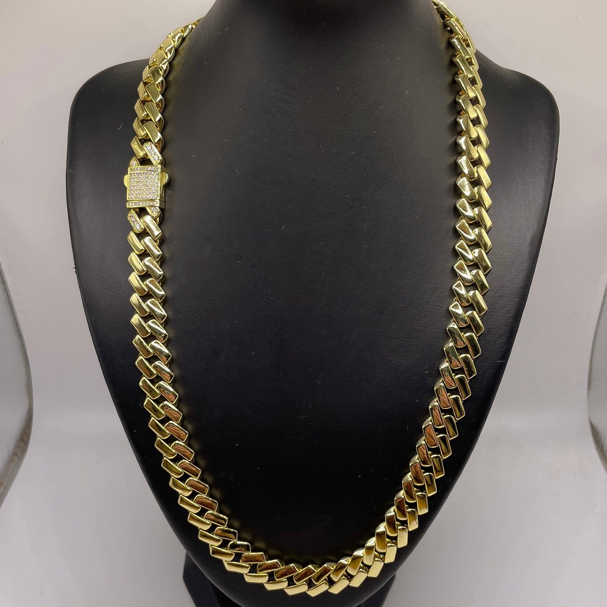 Iced Out Lock Yellow Miami Cuban Link Chain 925 Silver CZ